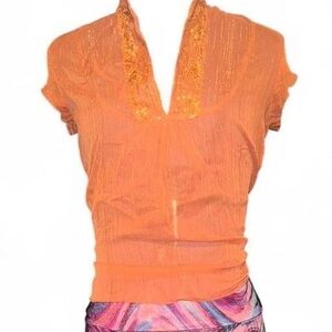 Vanity Orange V-Neck Lace-Trim Short Sleeve Blouse